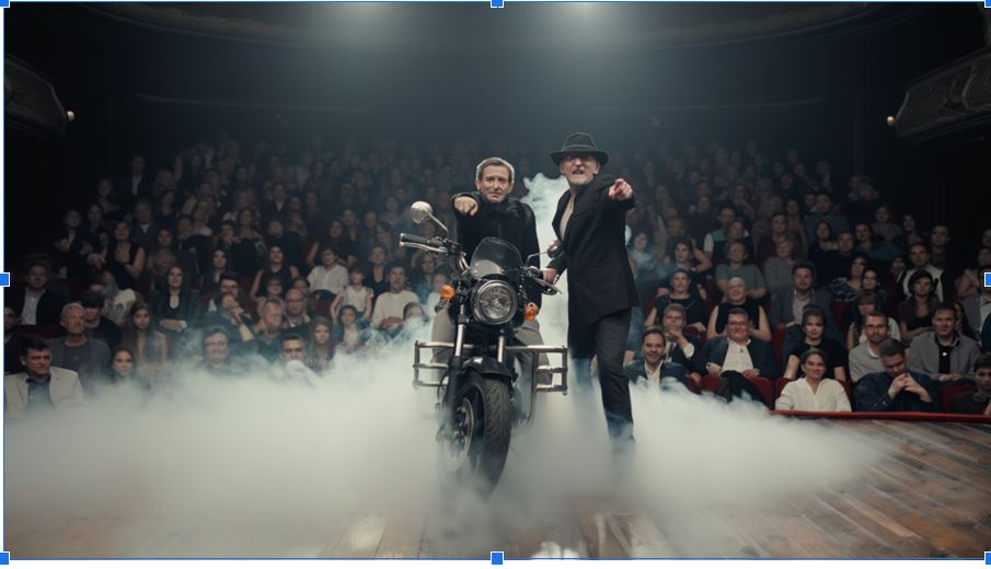 2 קוסמים על במה ליד אופנוע עם עשן