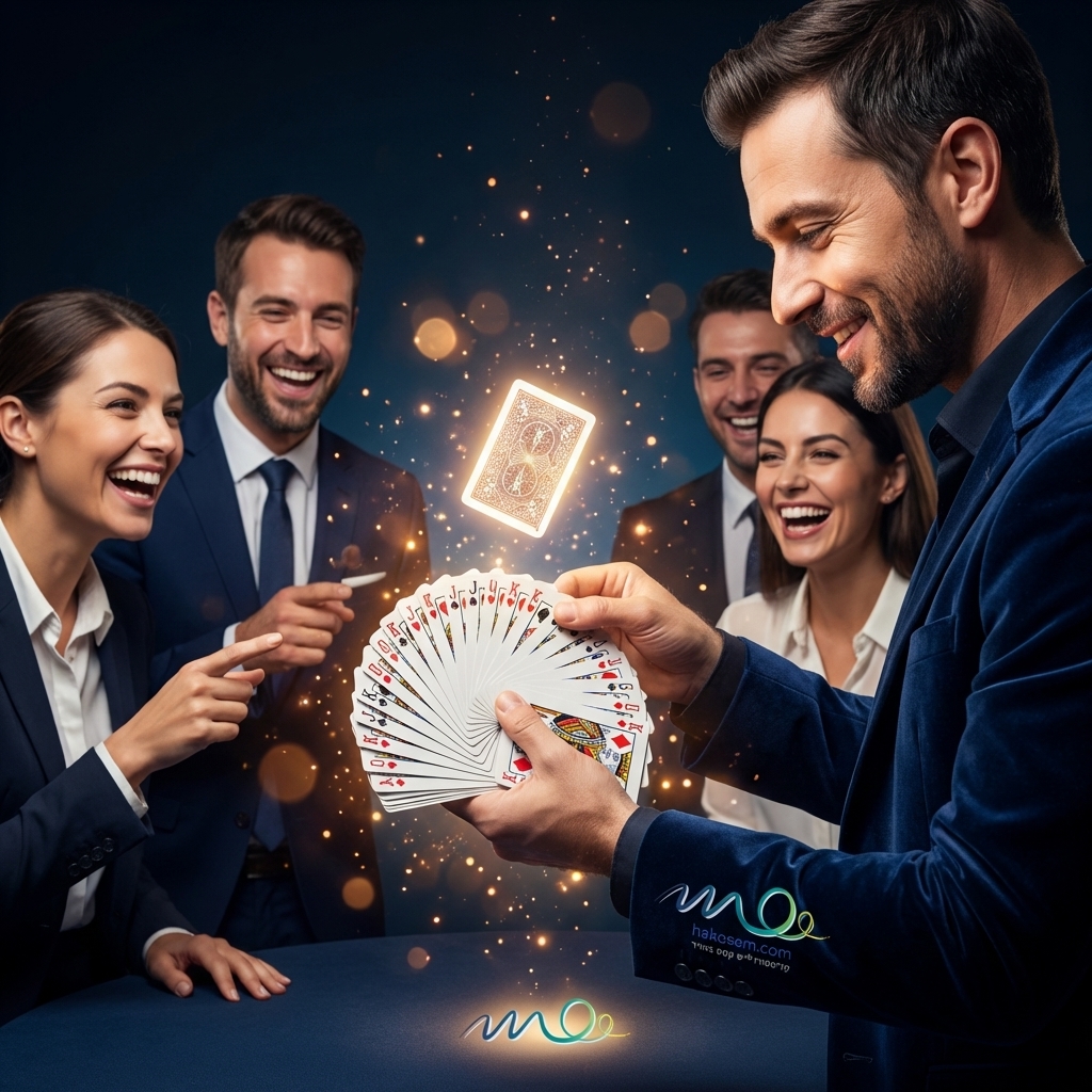 קוסם מציג תעלול קלפים בפני קבוצת אנשי עסקים